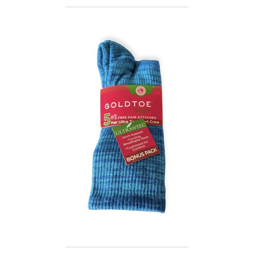 Gold Toe Adult Crew Socks Ultra Tec Sport Crew Sz 6-12.5 Gold Ribbed Striped 6pk